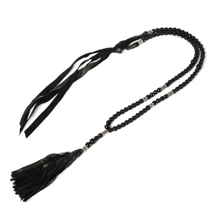 Black Beaded Tassel Necklace Double-End Leather Fringe for wholesale by The Dark