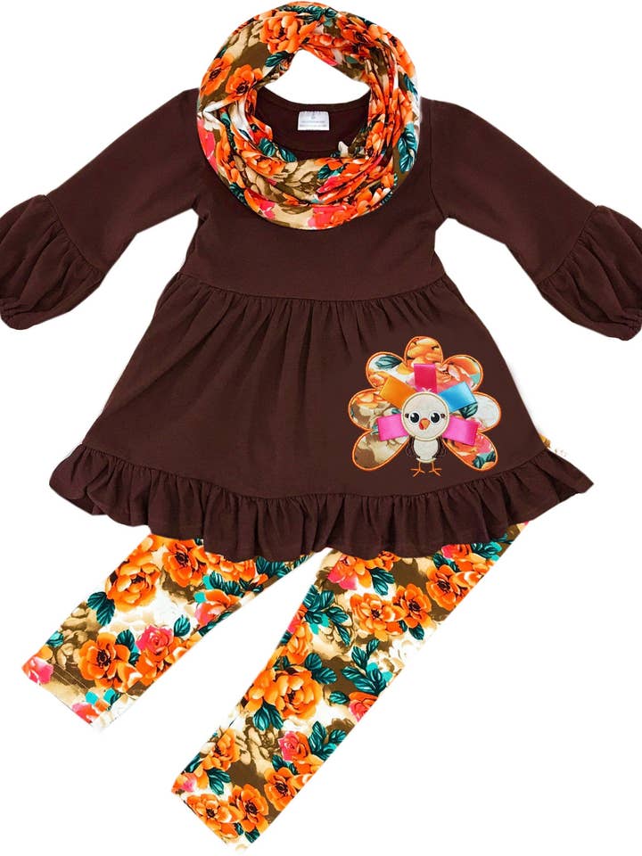 Amor Babee - Wholesale Top en broek set - Kinderen - Thanksgiving Turkey sjaal met bloemenprint voor babymeisjes0