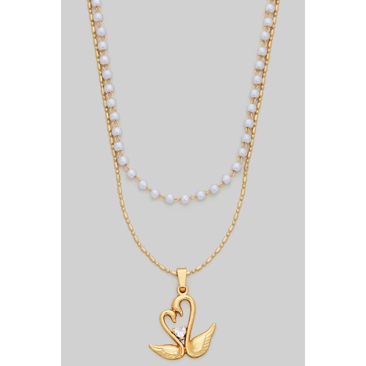Collar de perlas y cadenas en capas con cisne amoroso para venta al por mayor de Girly