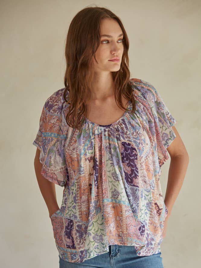 L7252 | Floral Patch Print Short Sleeve Blouse for wholesale by By Together