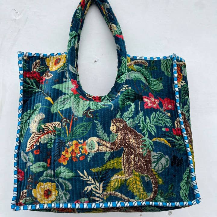 bhavnas boutique - Wholesale Tote Bag - Women's - Monkey Floral Printed Bag Quilted Velvet Cotton Shopping Bag