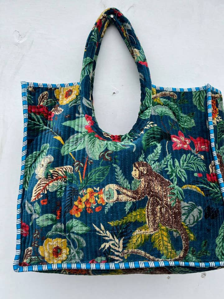 Monkey Floral Tryckt Väska Quiltad Sammet Bomull Shoppingväska för wholesale av bhavnas boutique