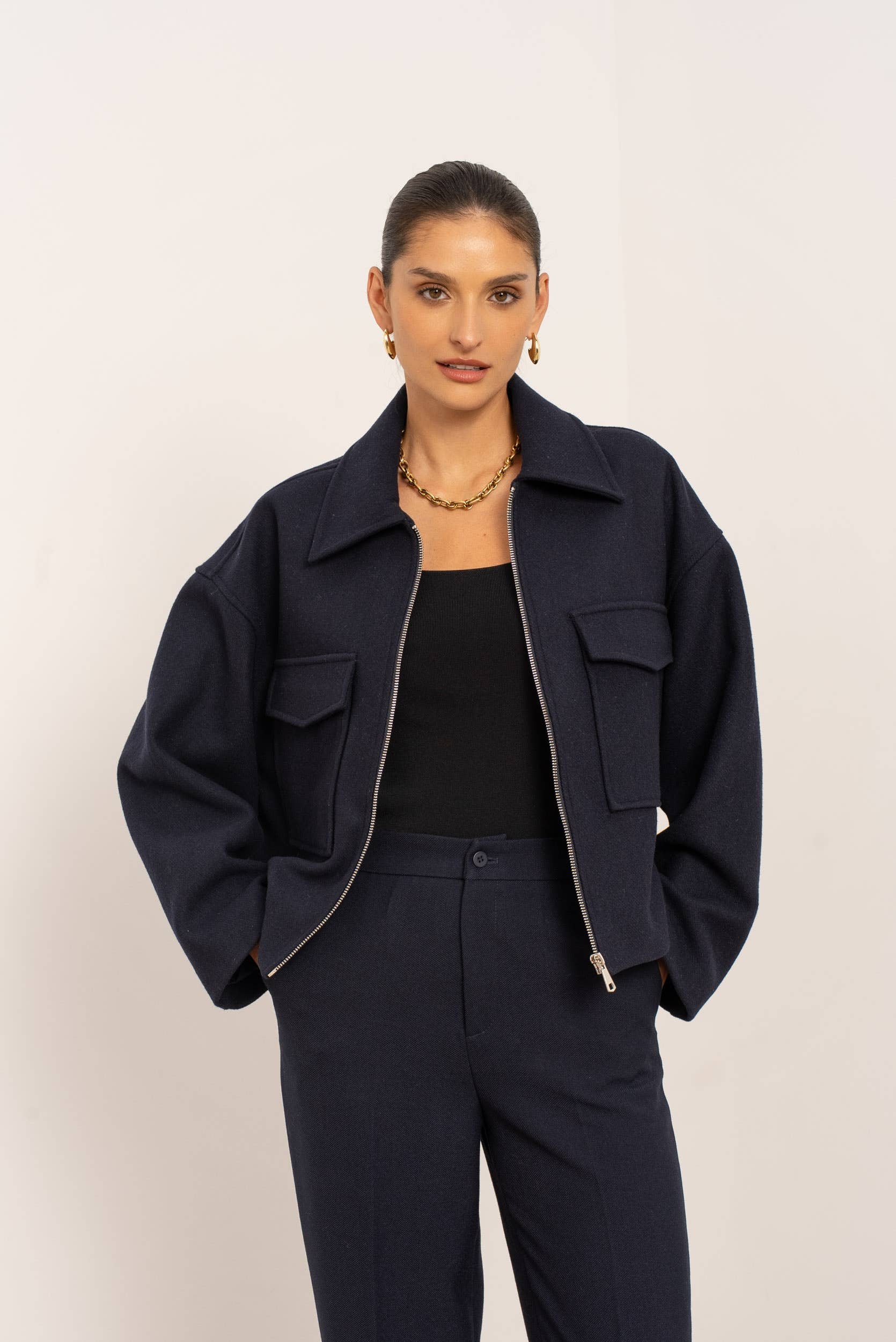 Attentif Paris - Wholesale Jacket - Women's - Structured short jacket in blended wool with patch pockets2