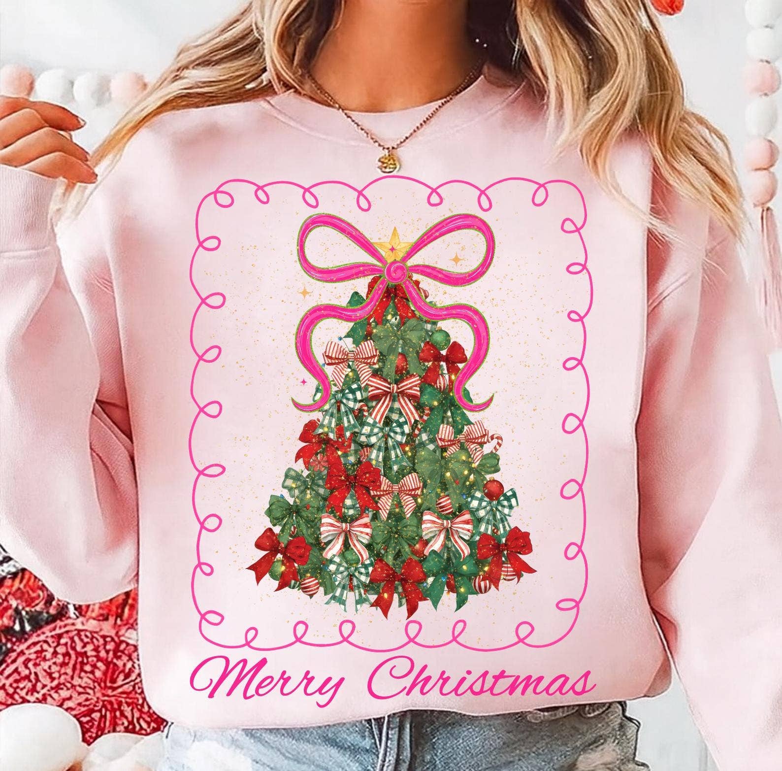 DLT Ecommerce – Großhandel T-Shirt (Grafikdruck) – Damen – Weihnachtsbaum-Schleifen-Shirt, Coquette-Weihnachten-2025-Sweatshirt0