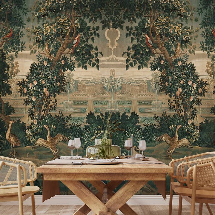 Papier peint vintage forêt murale de jardin de château de campagne française pour la vente par SimurgWallArts