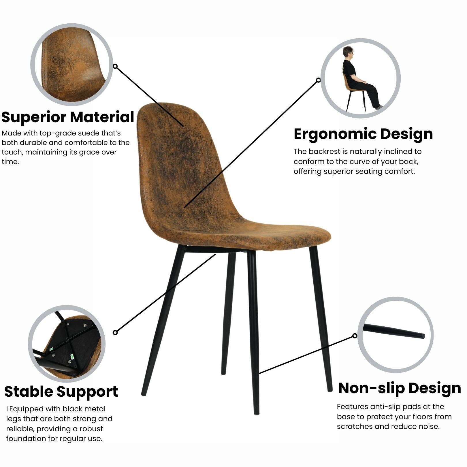 Urban Meuble – wholesale Stol – Set med 4 vintage skandinaviska matstolar i retro brunt mocka CHARLTON SUEDE BROWN20