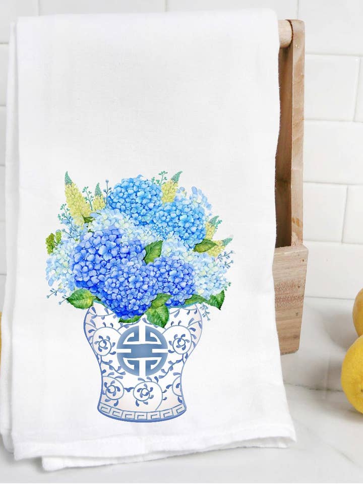 Chinoiserie Hydrangea Ginger Jar Tea Towel for wholesale by The Preppy Pineapple Home