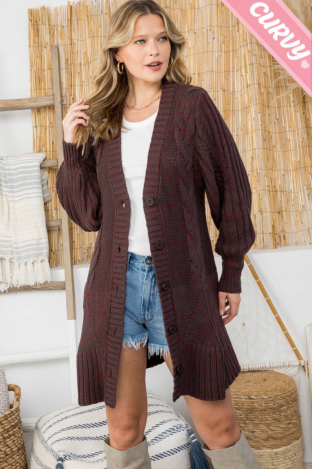 BAIE DE CHOCOLAT CARDIGAN EN MAILLE TORSADÉE SW337PL en vente sur Faire10
