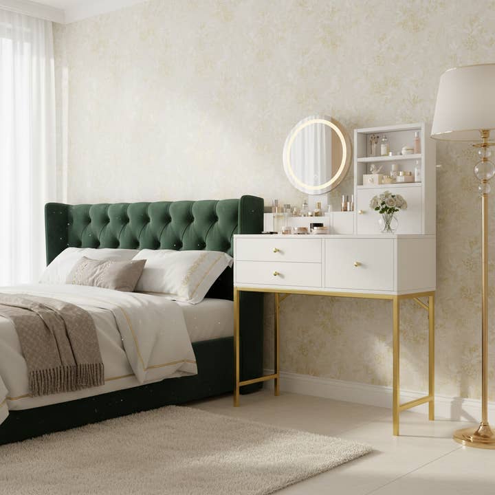 Urban Meuble - Wholesale Make-upspiegeltje - Moderne witte kaptafel met LED-spiegel, geïntegreerd oplaadpunt en gouden poten CAS91