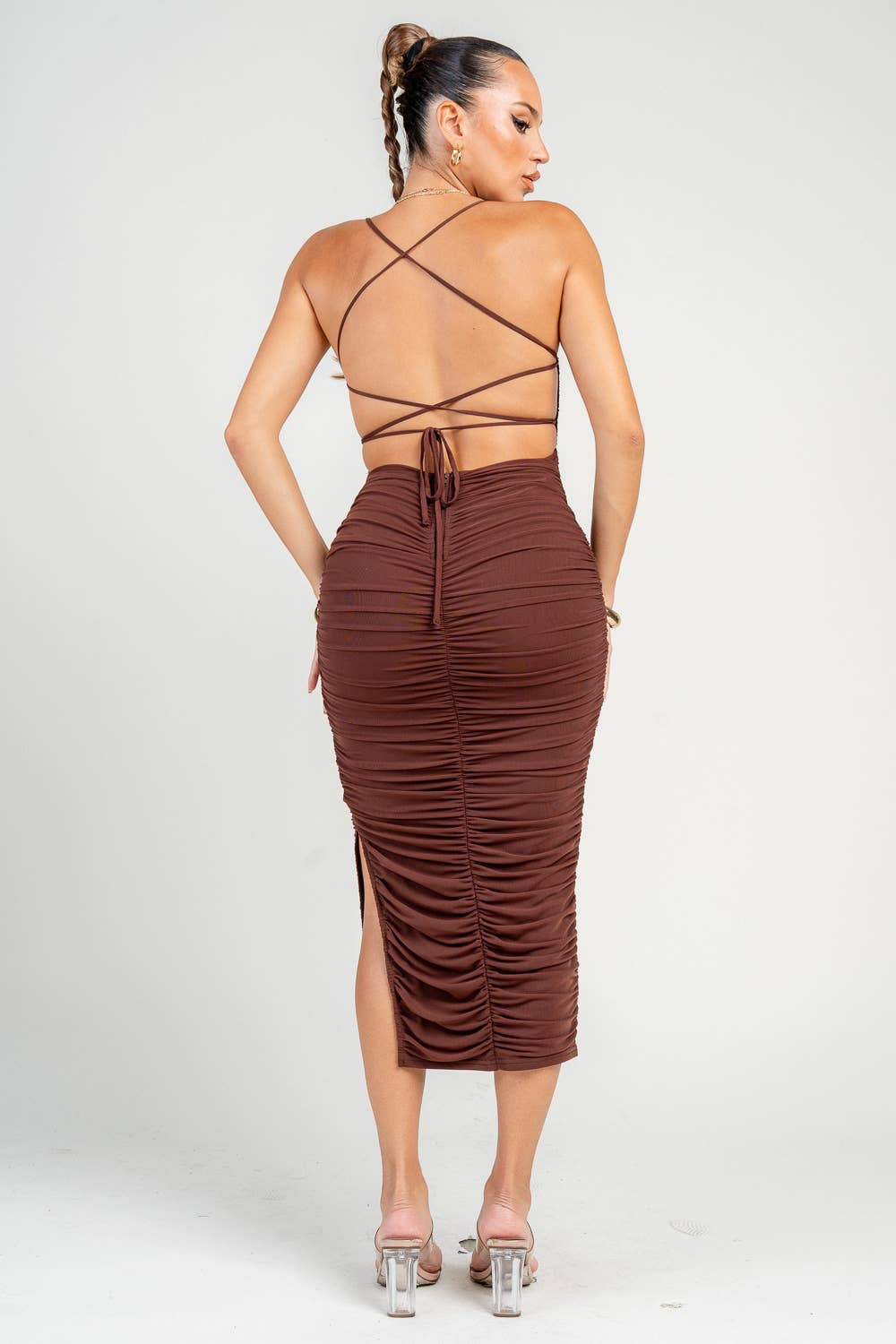 PRIVY – Engroshandel Kjole - Dame – PD73176B_LUX MESH SNØREBÅND MED RYNKET RYG OG MIDI KJOLE12