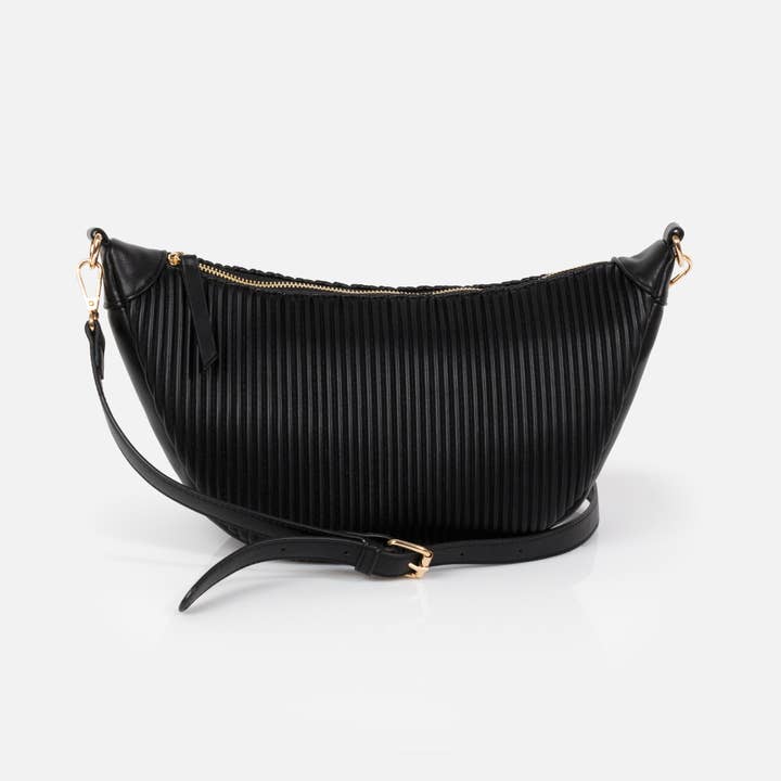 Black wavy PU crescent moon crossbody handbag - BG253B036BK for wholesale by Bizou