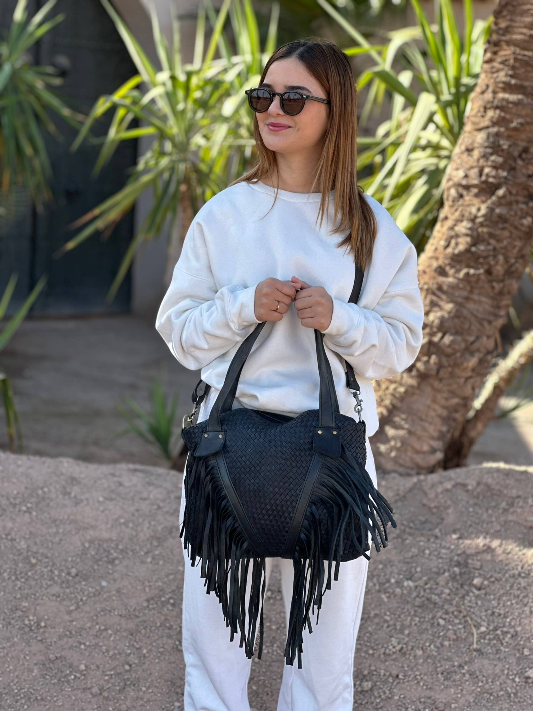 Berberwoolrug - Wholesale Schoudertas - Dames - Leren tas met geweven franjes, handgemaakte westerse gevlochten portemonnee13