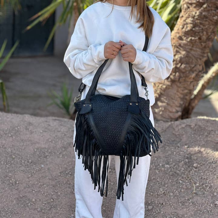 Berberwoolrug - Wholesale Schoudertas - Dames - Leren tas met geweven franjes, handgemaakte westerse gevlochten portemonnee13