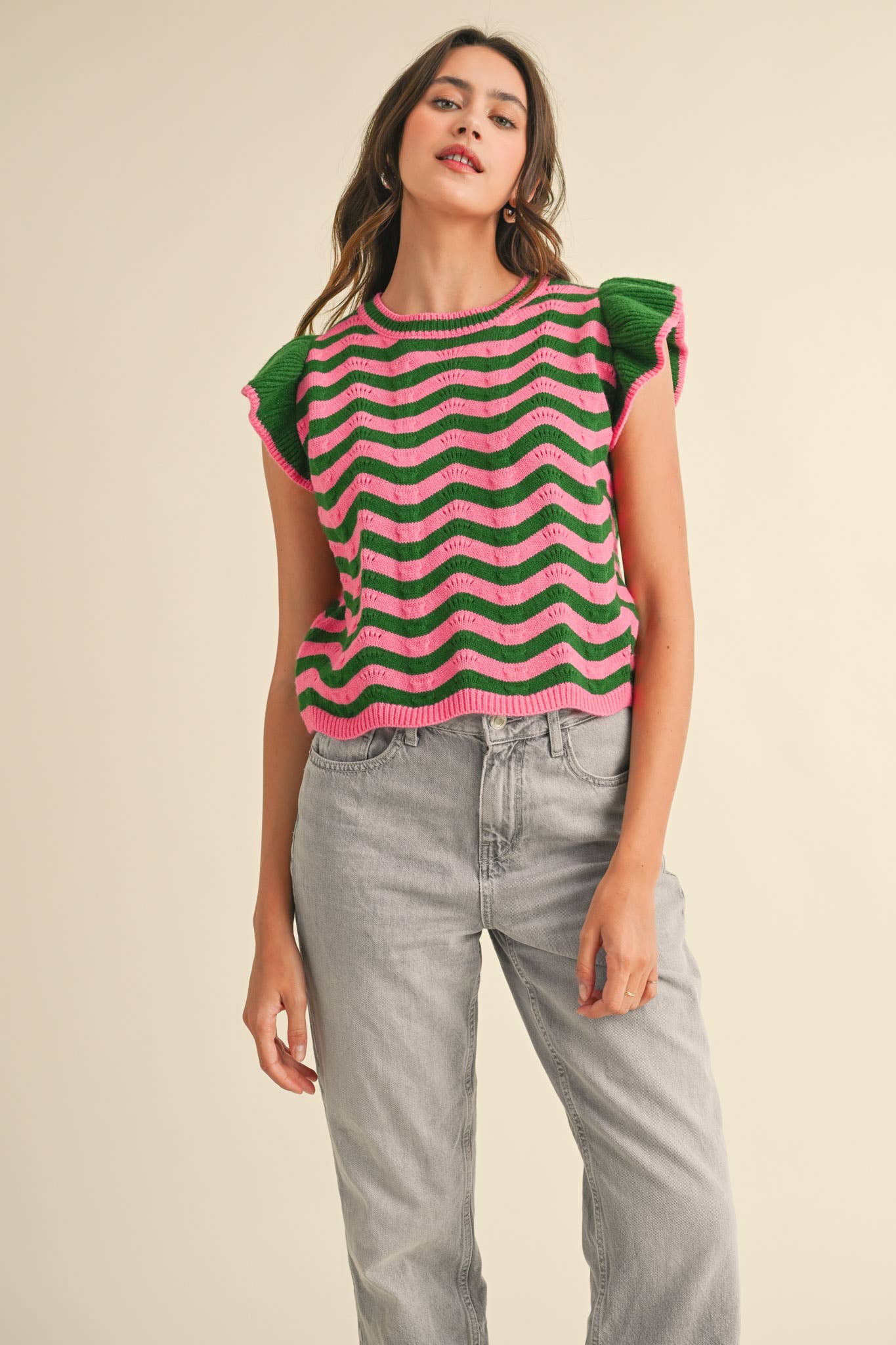 &MERCI - Wholesale Knit Sweater - Women's - WAVY STRIPES FLUTTER SLEEVE SWEATER TOP MSW1050933