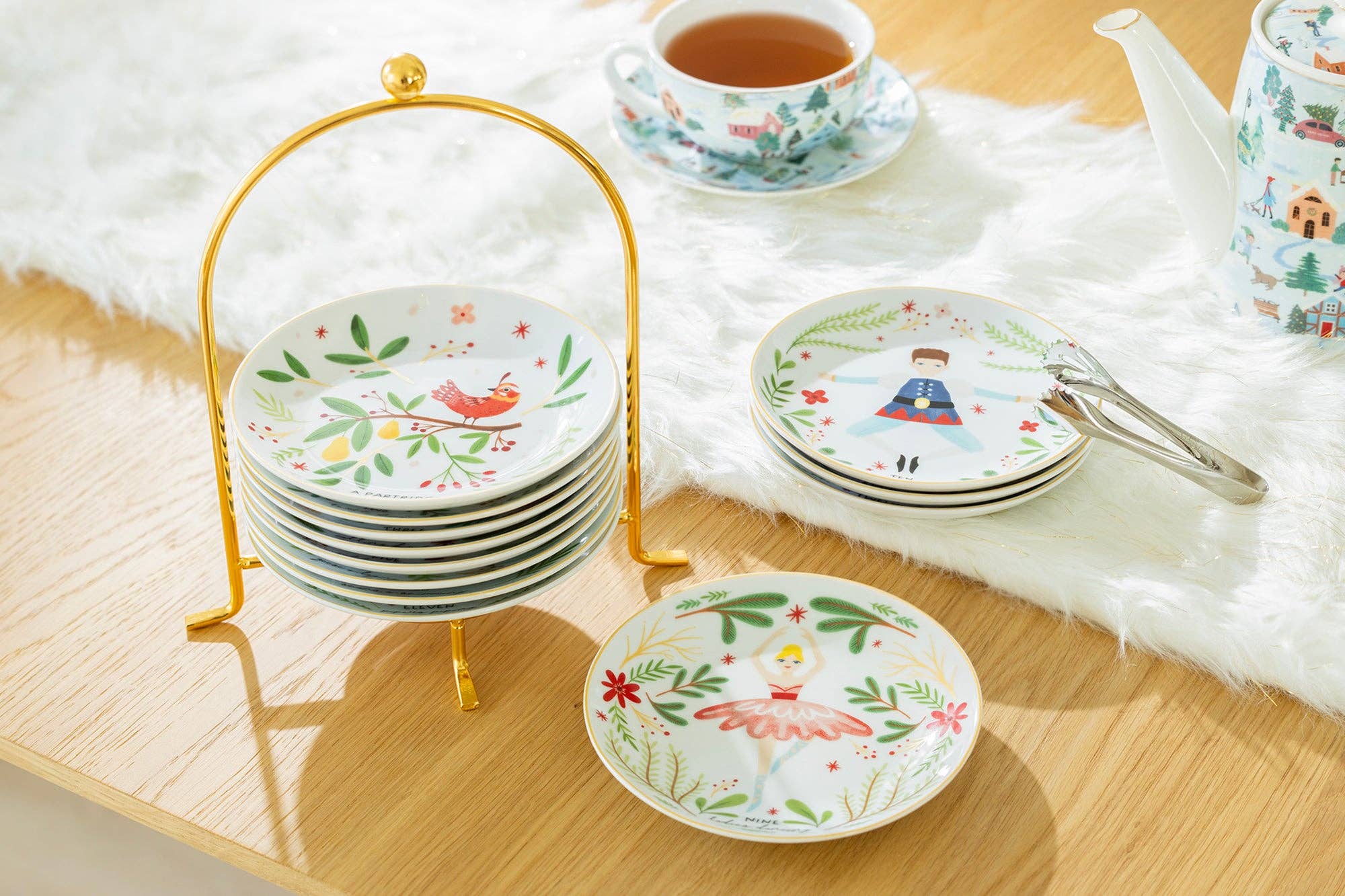 Grace Teaware - Wholesale Appetizer Serveware - 12 Days of Christmas Fine Porcelain Appetizer Plate Set - Metal Rack Version4