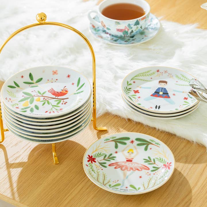 Grace Teaware - Wholesale Appetizer Serveware - 12 Days of Christmas Fine Porcelain Appetizer Plate Set - Metal Rack Version4