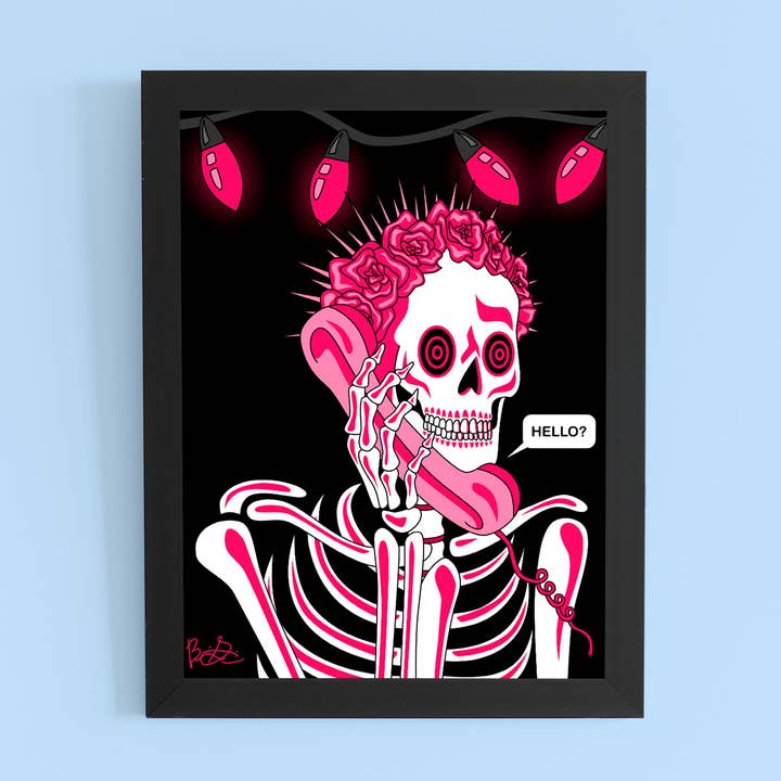 Neonfarbener Kunstdruck mit Skelettmotiv, Telefon, Hallo, Rosen für den Großhandel von Brianna Gardocki Art
