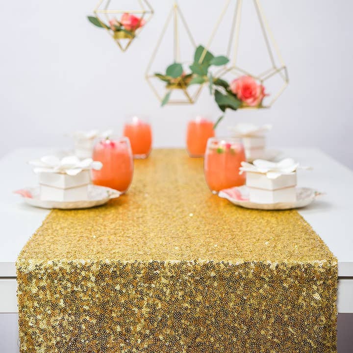 Modern Sparkle Sequin Table Runner - 90" Metallic Gold for wholesale by Weddingstar Inc.