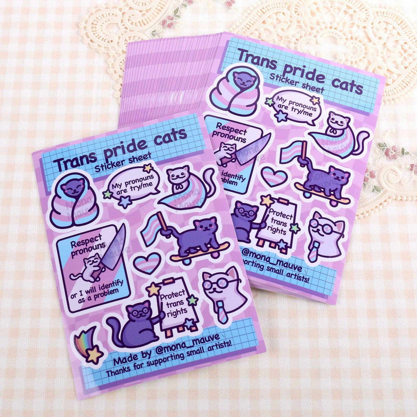 Mona Mauve • Silly Art! - Wholesale Sticker - Trans Pride Cats Sticker Sheet | 9 Waterproof Vinyl Stickers2