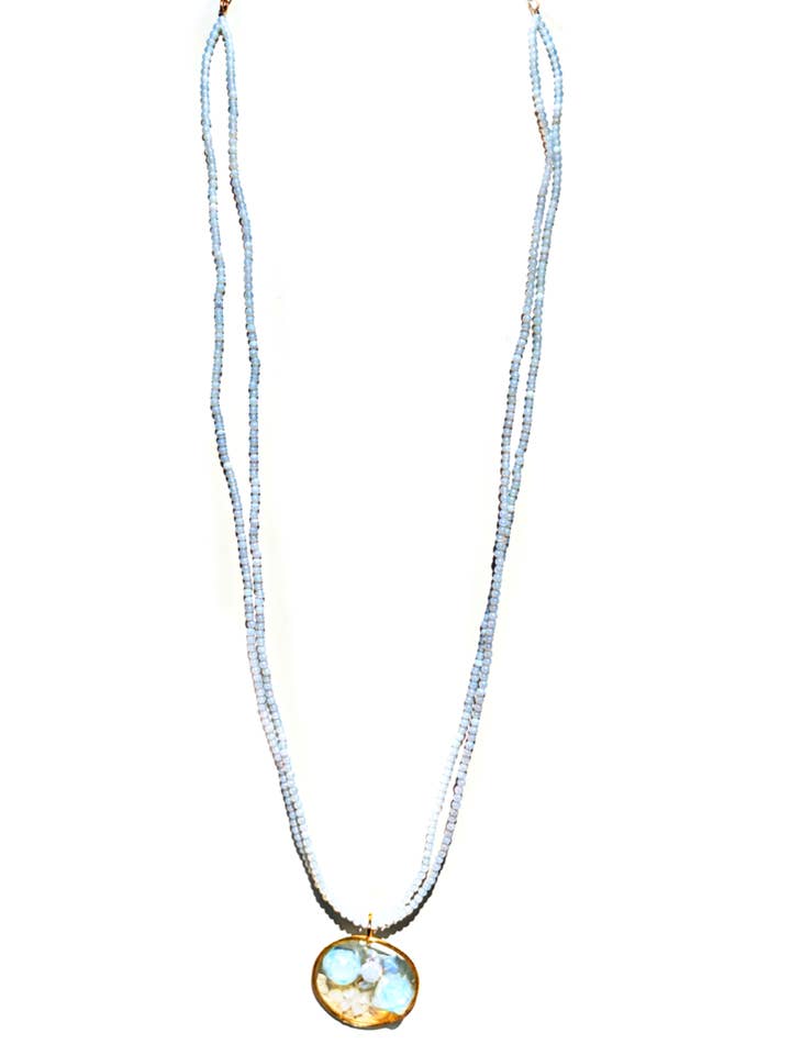 EXTRA Long 42" adjustable Double Strand Opalite Moonstone Beaded Necklace with Pendant ONE of a kind Statement Sugar Gay Isber for wholesale by Gay Isber Designs
