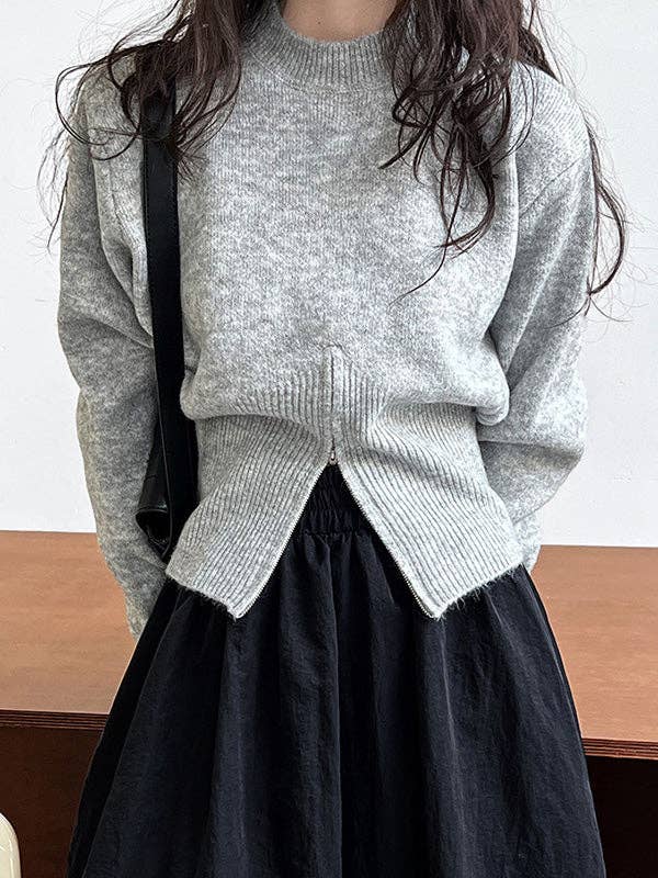 ginghamandposh - Wholesale Knit Sweater - Women's - Long Sleeves Loose Solid Color Zipper Mock Neck Pullovers Sweater Tops