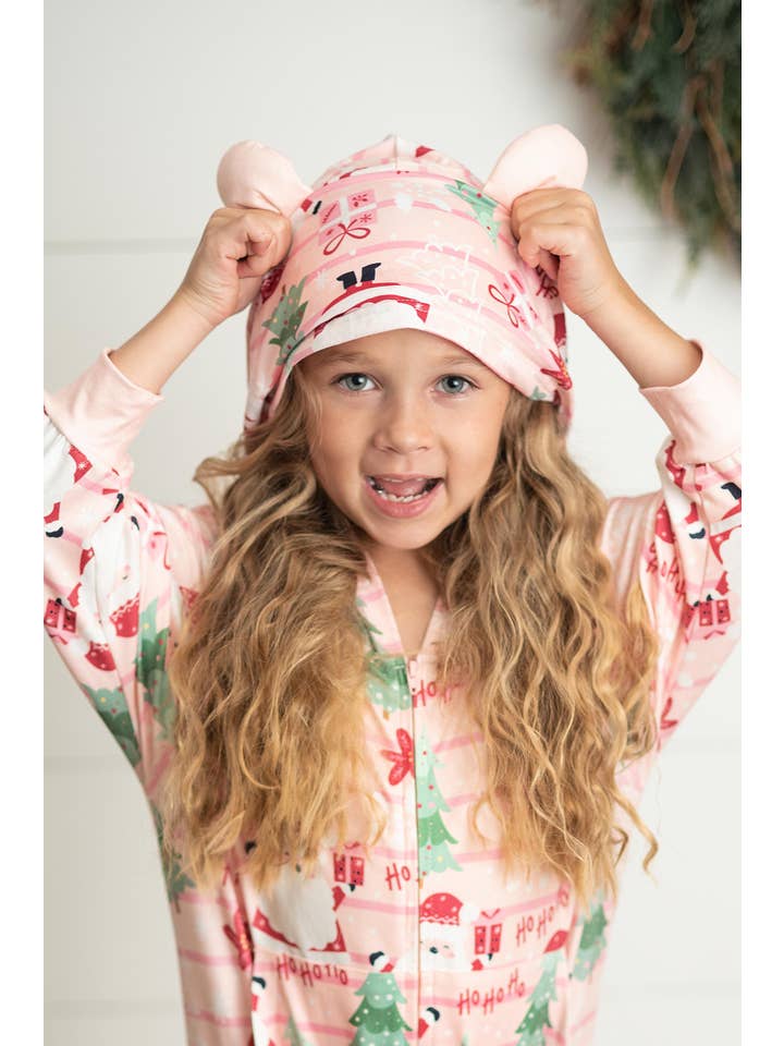 Adorable Sweetness - Wholesale Onesie - Kids - Kids Pink Santa Lounge Zip Hoodie Onesie with Critter Ears