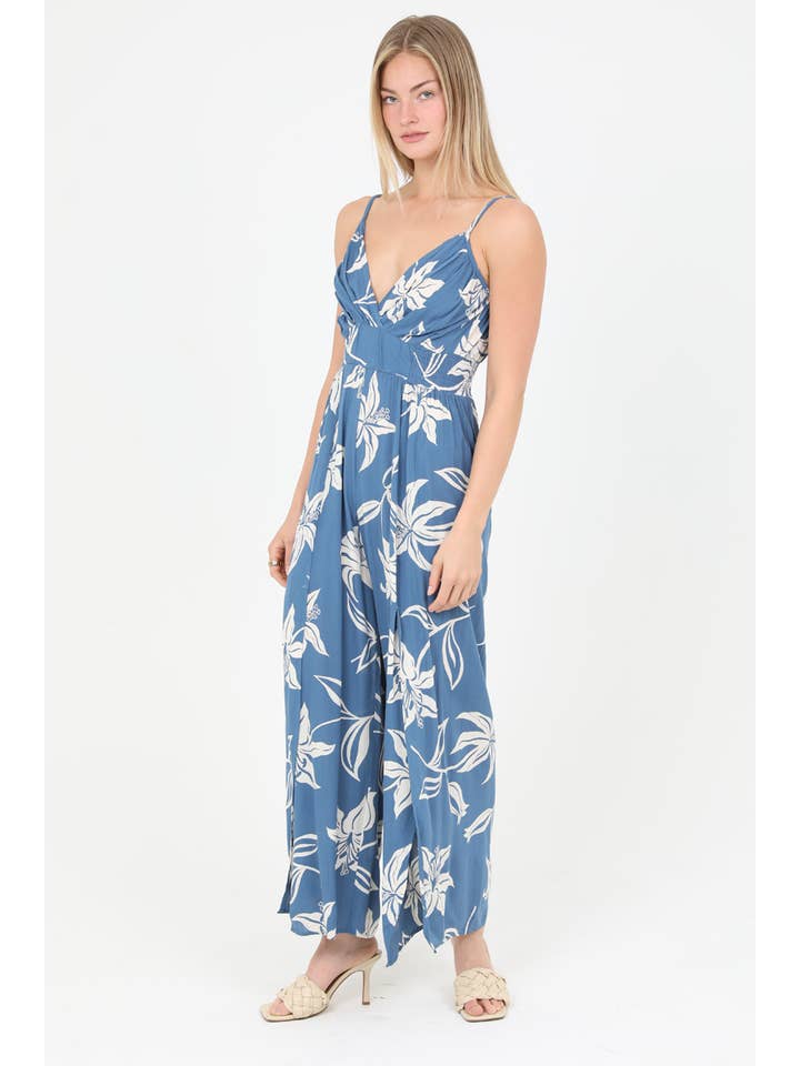 ANGIE - Wholesale Jumpsuit - Women's - B5957-W921 V NECK SLIT LEG JUMPSUIT FLORAL PRINT