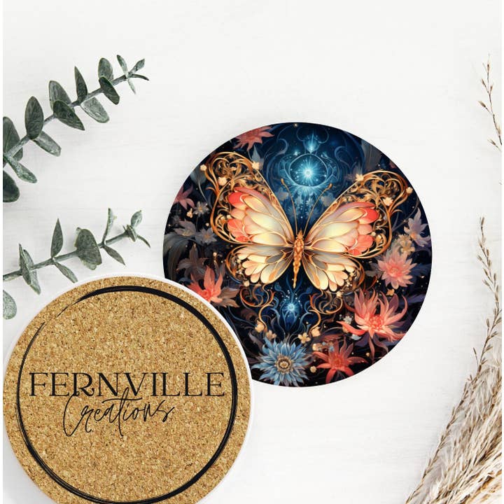 Fernville Creations - Wholesale Coasters - Butterfly Ceramic Coaster, Coral & Gold Nature Decor3