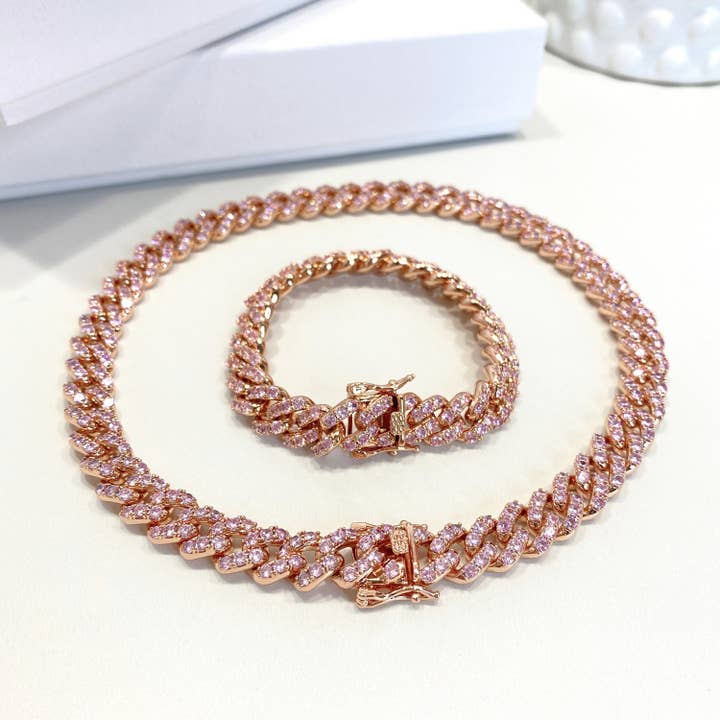 Luxus Accessories - Wholesale Jewelry Set - 14k Rose Gold Filled Cuban Link Iced Chain or Bracelet Set