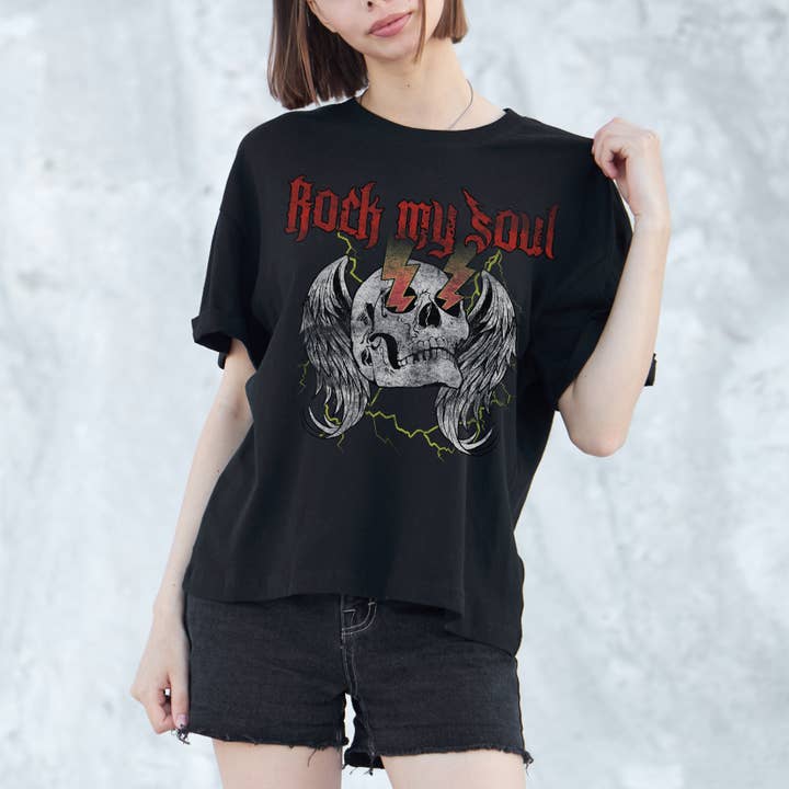 Rock & Roll Skull Wings Rock My Soul T-Shirt for wholesale by Achitopia