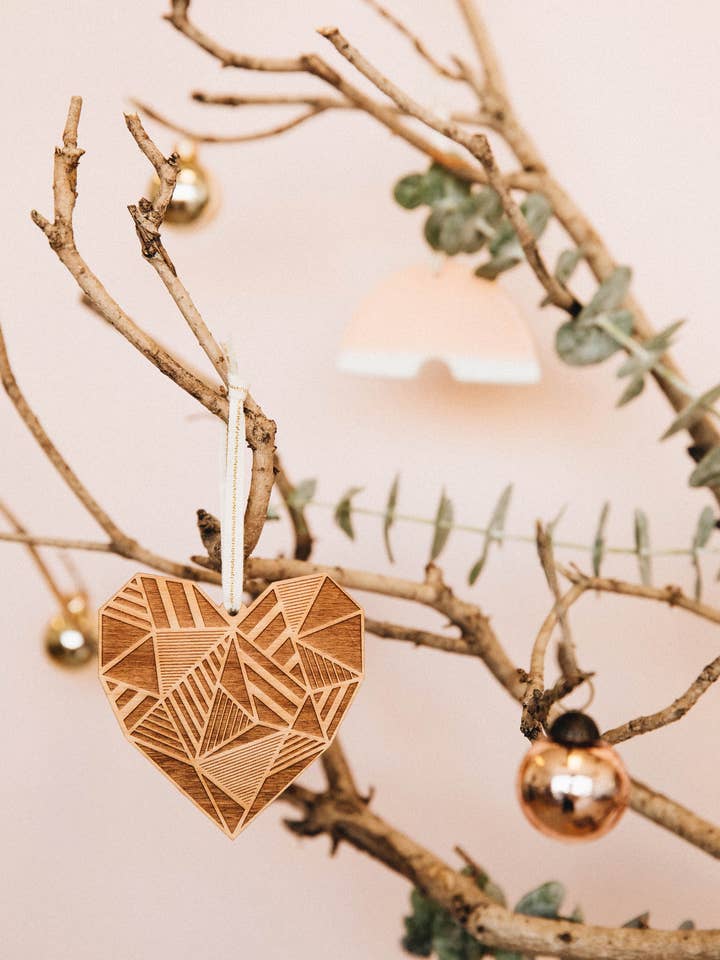 Patchwork Heart Wood Ornament for wholesale by Hereafter