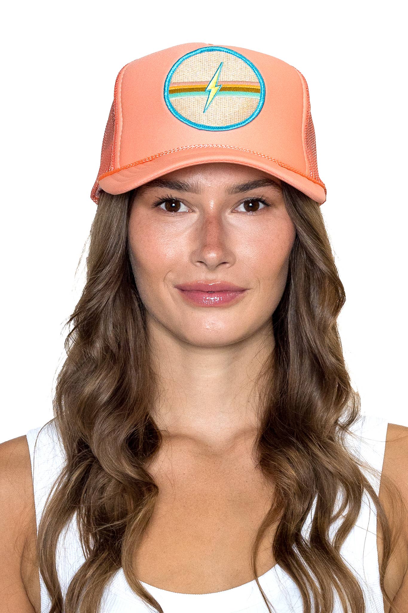 Electric Rainbow Trucker Hat in Coral for wholesale on Faire1