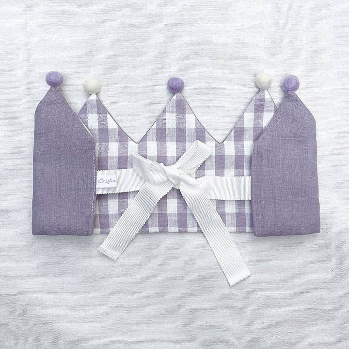 Reversible Linen Purple Crown with Pom Poms for wholesale by Coda Design Studio