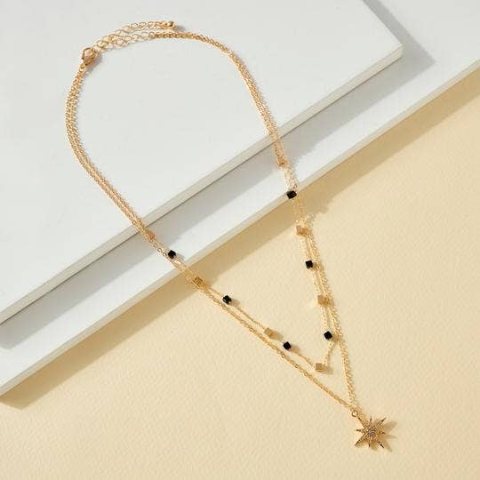 StarryNYC - Wholesale Pendant/Charm Necklace - Starburst Pendant w/ CZ Stone 2 Low Square Beaded Necklace0