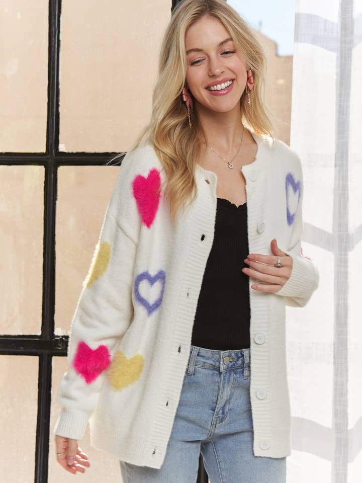 CESW3249 - FLUFFY HEART FUZZY SWEATER CARDIGAN for wholesale by ADORA LA