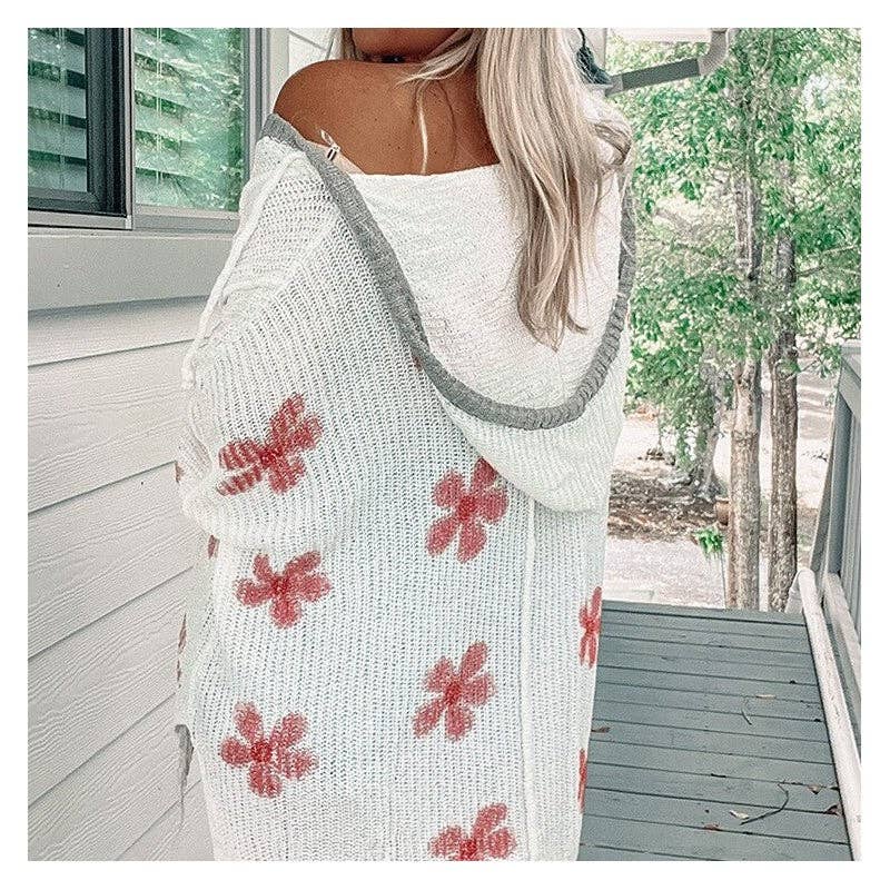 WHITE Floral Print Lightweight Hooded Sweater for wholesale on Faire3