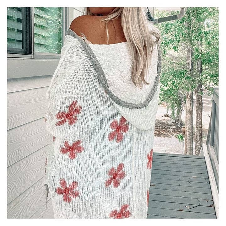 WHITE Floral Print Lightweight Hooded Sweater for wholesale on Faire3