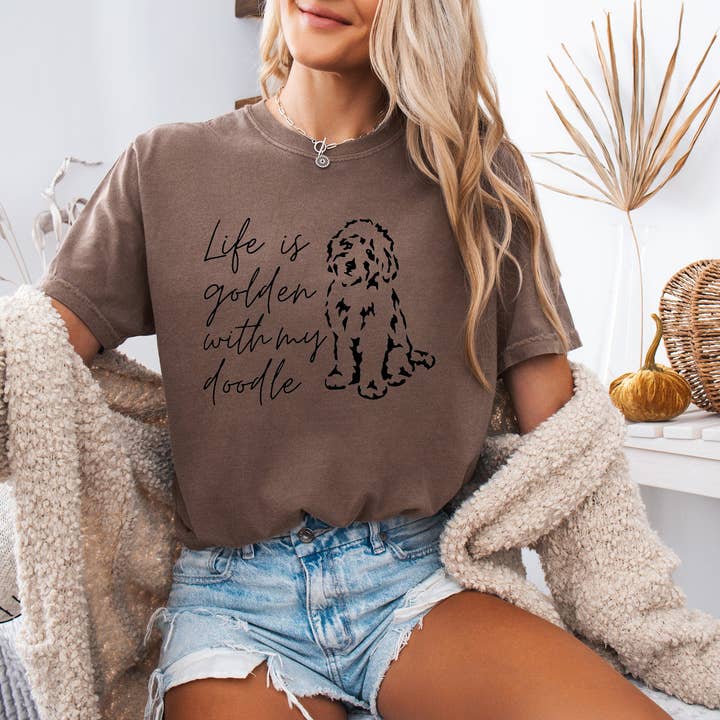 Verita Culture - Wholesale Screen Printed T-Shirt - Women's - Life Is Golden With My Doodle Dog mom Garment Dyed T Shirt15