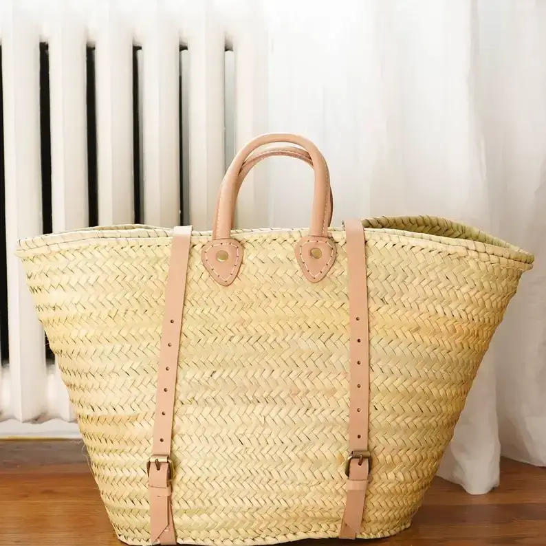 HandmadeBestSeller - Wholesale Strandtas - STRAW BAG Handgemaakt leer, French Market Basket rugzak5