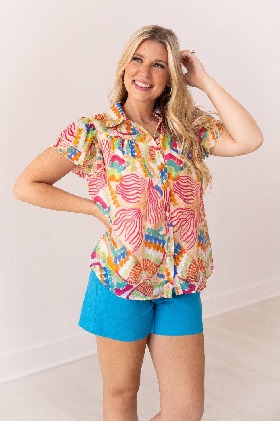 Multi Tropical Print Top Flutter Sleeves for wholesale on Faire0