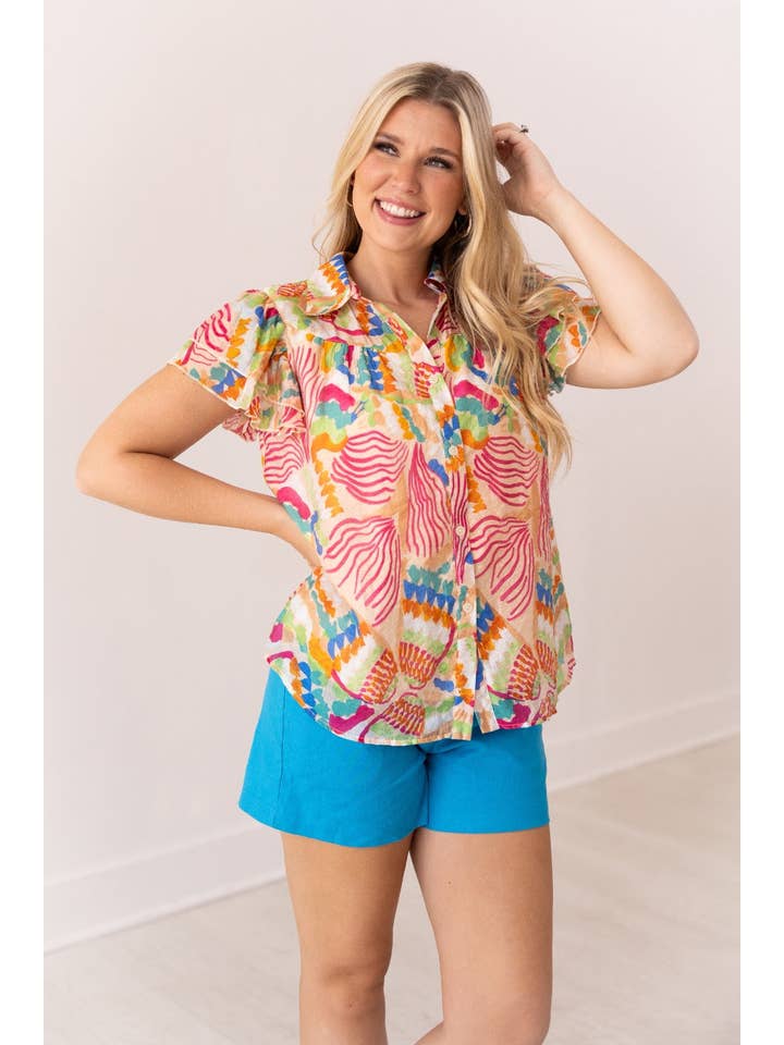 Multi Tropical Print Top Flutter Sleeves for wholesale on Faire