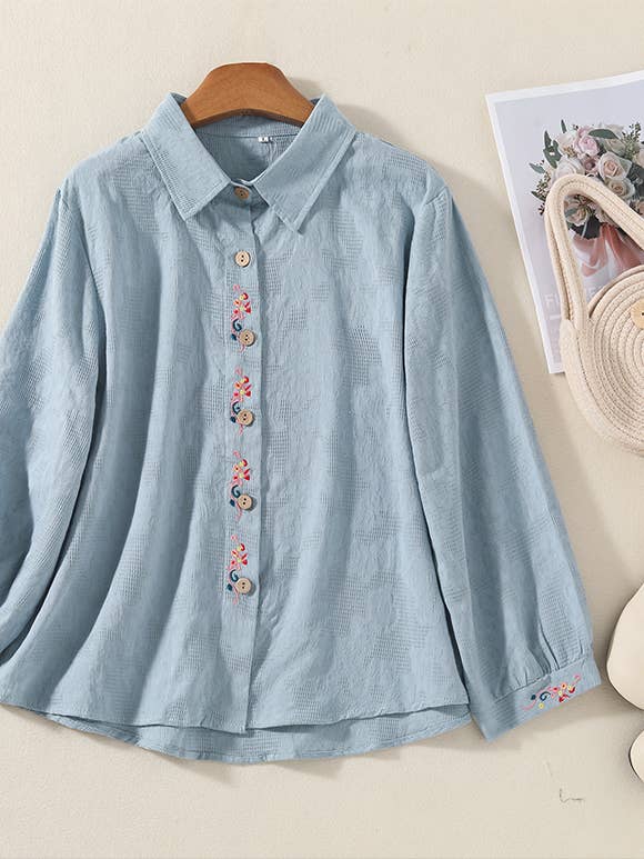 Loose Jacquard Embroidered Long Sleeve Shirt Top for wholesale by Whisper Mint