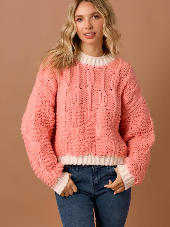 PINK Contrast detail hand knitted cropped sweater top for wholesale on Faire4