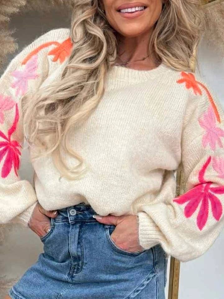 Simply Taupe Embroidered Floral Sleeve Round Neck Loose Sweater for wholesale by Lovesoft