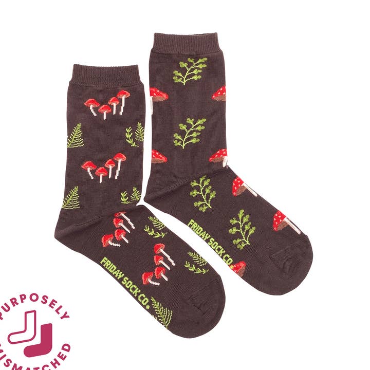 Women's Mushroom Forest Mismatched Crew Socks for wholesale by Friday Sock Co.
