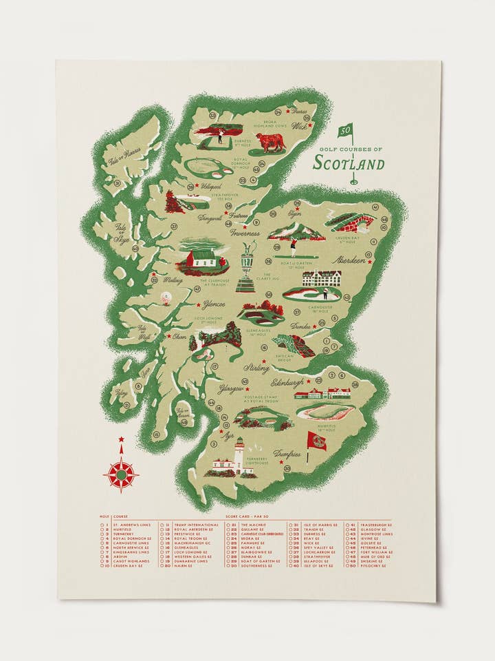 Campos de Golf de Escocia Lista de Verificación del Mapa A3 para venta al por mayor de Oldfield Design Co