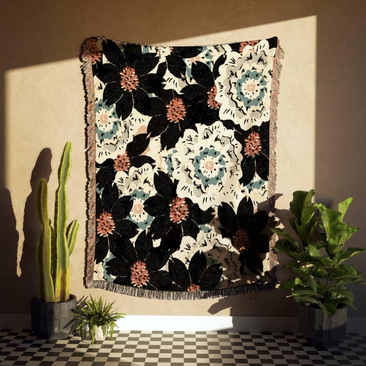 TaylorBassam - Wholesale Throw Blanket - Black And Beige Floral Collage Woven Blankets