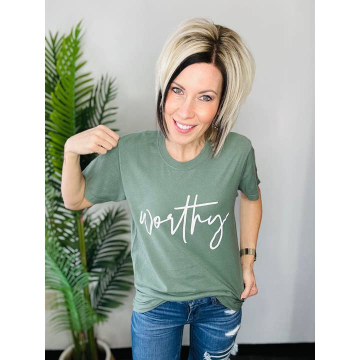 Fox and Owl Apparel - Wholesale Graphic Sweatshirt - Women's - WORTHY GREEN FAITH EVERYDAY COZY GRAPHIC SWEATSHIRT TEE
