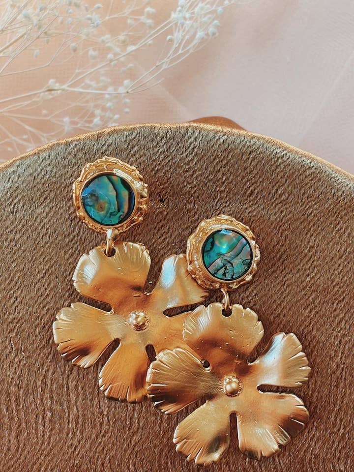 Abalone Brass Statement Flower Dangles for wholesale by Bezalel and Co