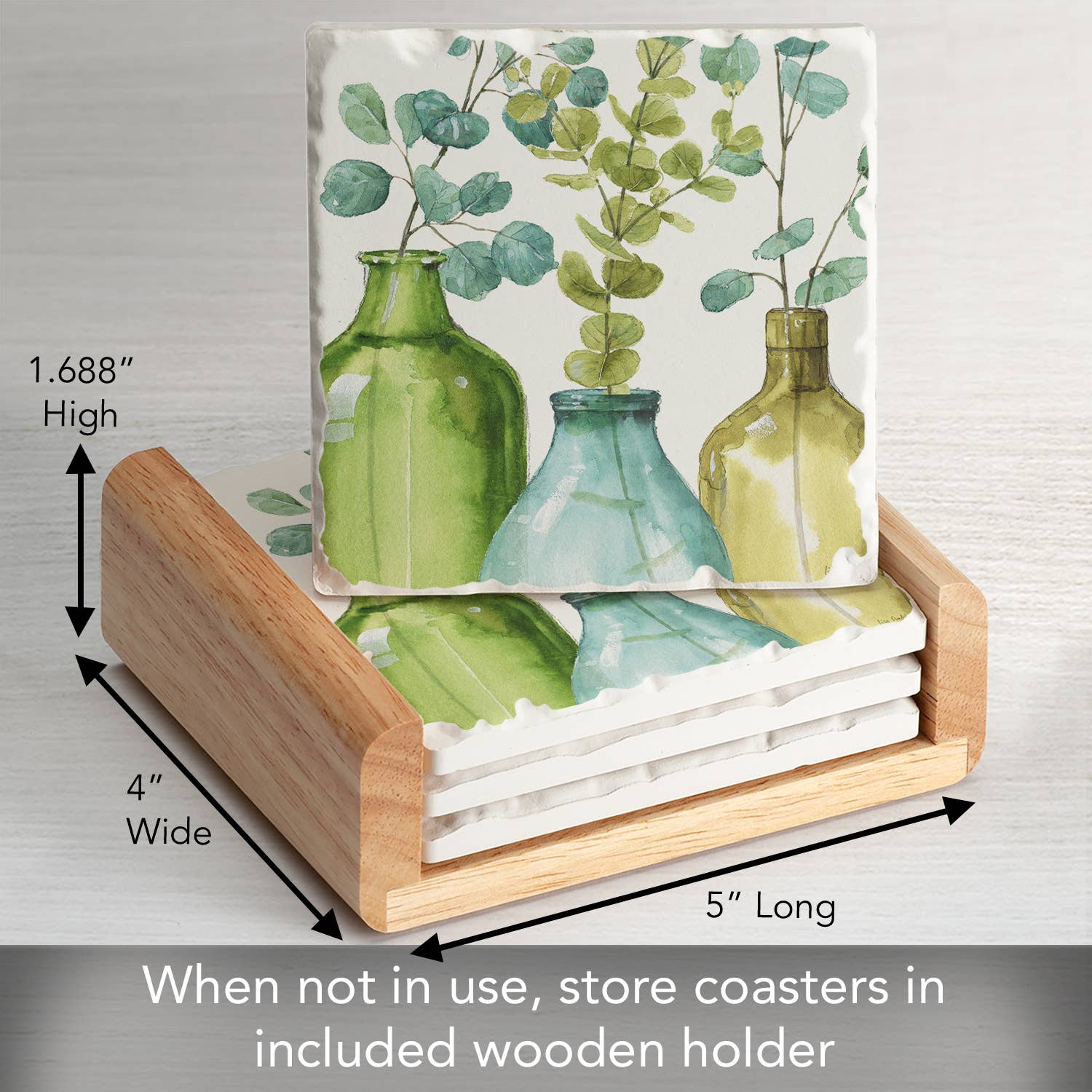 Conimar Promotions - Wholesale Coasters - Greenery 4-Pack Stone Coasters in Wooden Holder4
